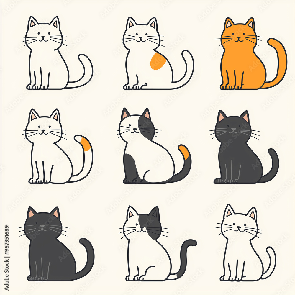 Niedliche Katzenillustration: Verschiedene stilisierte Katzen in Schwarz, Weiß, Grau und Orange, liebevoll gezeichnet und minimalistisch dargestellt Niedliche Katzenillustration: Verschiedene stilisierte Katzen in Schwarz, Weiß, Grau und Orange, liebevoll gezeichnet und minimalistisch dargestellt