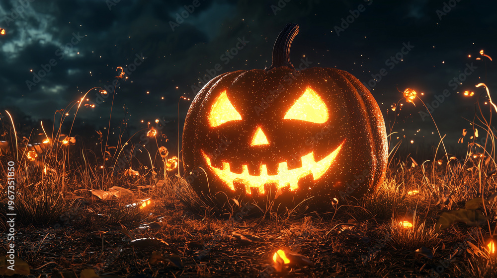 Naklejka premium Leuchtender geschnitzter Jack-o'-lantern Kürbis im herbstlichen Wald bei Nacht mit stimmungsvoller Bokeh-Beleuchtung – perfekt für Halloween und herbstliche Dekorationen