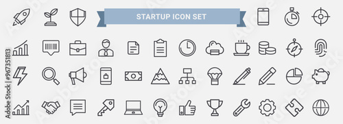 startup icon set, new businesses rocket shield briefcase money