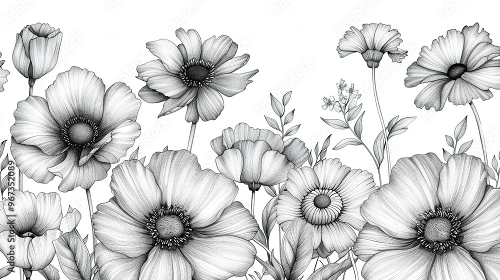 Black Line Hand-Drawn Sketch of Various Flowers on a White Background Black Line Hand-Drawn Sketch of Various Flowers on a White Background