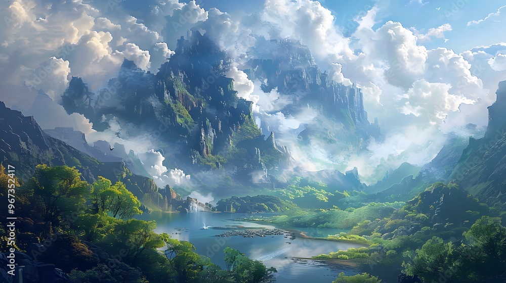Epic fantasy landscape towering mountains, lush forests, and serene lake under cloudy sky perfect for nature and fantasy scenes, spring wallpaper Epic fantasy landscape towering mountains, lush forests, and serene lake under cloudy sky perfect for nature and fantasy scenes, spring wallpaper