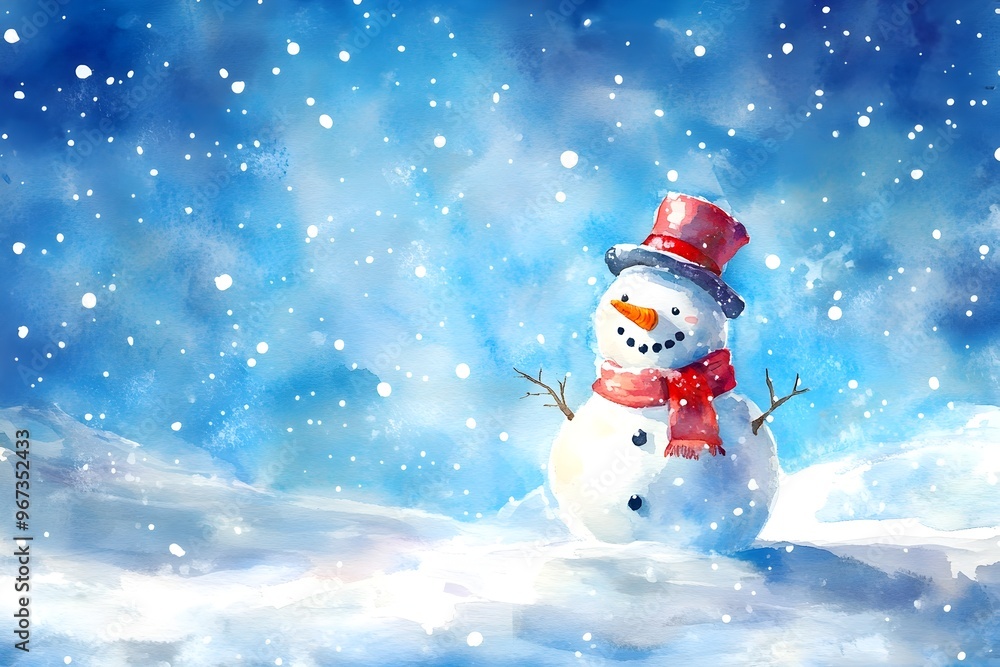 Fototapeta premium Jolly Snowman in Impressionistic Watercolor Surrounded by Falling Snow