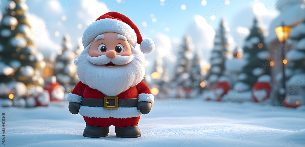 “3D Cartoon of a Happy Santa Claus Standing in the Snow, Dressed in a Classic Red Suit with White Fur Trim, Bringing Holiday Cheer and Festive Spirit, Ideal for Christmas and Seasonal Designs”