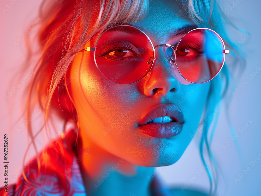 Stylish woman with blonde hair and round sunglasses, illuminated by colorful neon lighting in vibrant colors. Stylish woman with blonde hair and round sunglasses, illuminated by colorful neon lighting in vibrant colors.