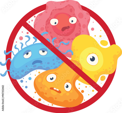 Bacteria in prohibition sign. Comic crossed out microbes and viruses, bacterial protection and disinfection caution icon cartoon vector illustration icon. Stop infection, epidemic and flu prohibition