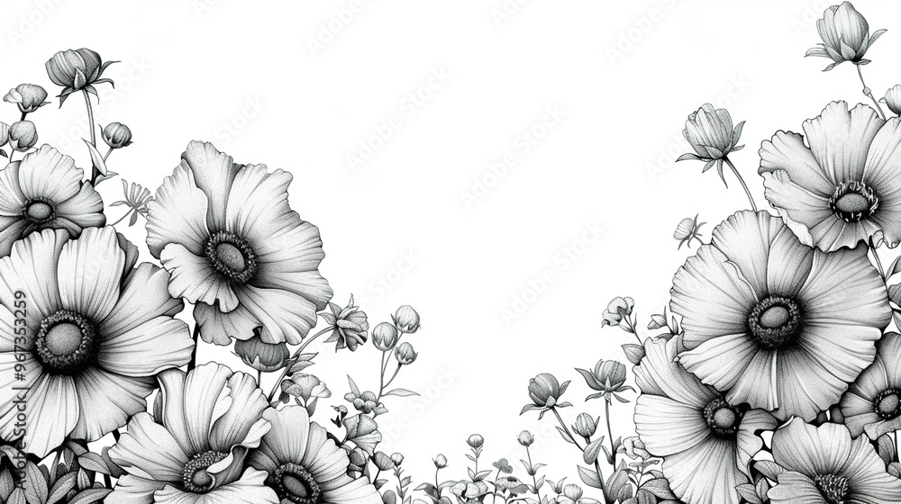 Black Line Hand-Drawn Sketch of Various Flowers on a White Background Black Line Hand-Drawn Sketch of Various Flowers on a White Background