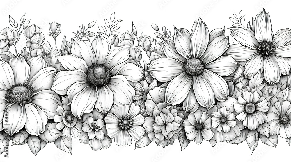 Black Line Hand-Drawn Sketch of Various Flowers on a White Background Black Line Hand-Drawn Sketch of Various Flowers on a White Background