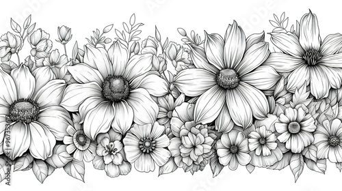 Wallpaper Mural Black Line Hand-Drawn Sketch of Various Flowers on a White Background Torontodigital.ca