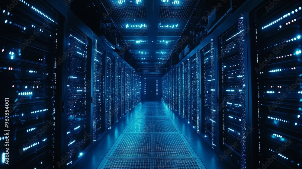 Imagine a futuristic data center with rows of servers, illuminated with blue LED lights. The scene showcases the complex network of cables Imagine a futuristic data center with rows of servers, illuminated with blue LED lights. The scene showcases the complex network of cables
