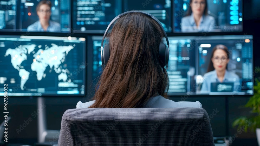 Diverse team engaged in virtual meeting discussion, screens displaying multiple participants, hybrid work environment, futuristic office Diverse team engaged in virtual meeting discussion, screens displaying multiple participants, hybrid work environment, futuristic office