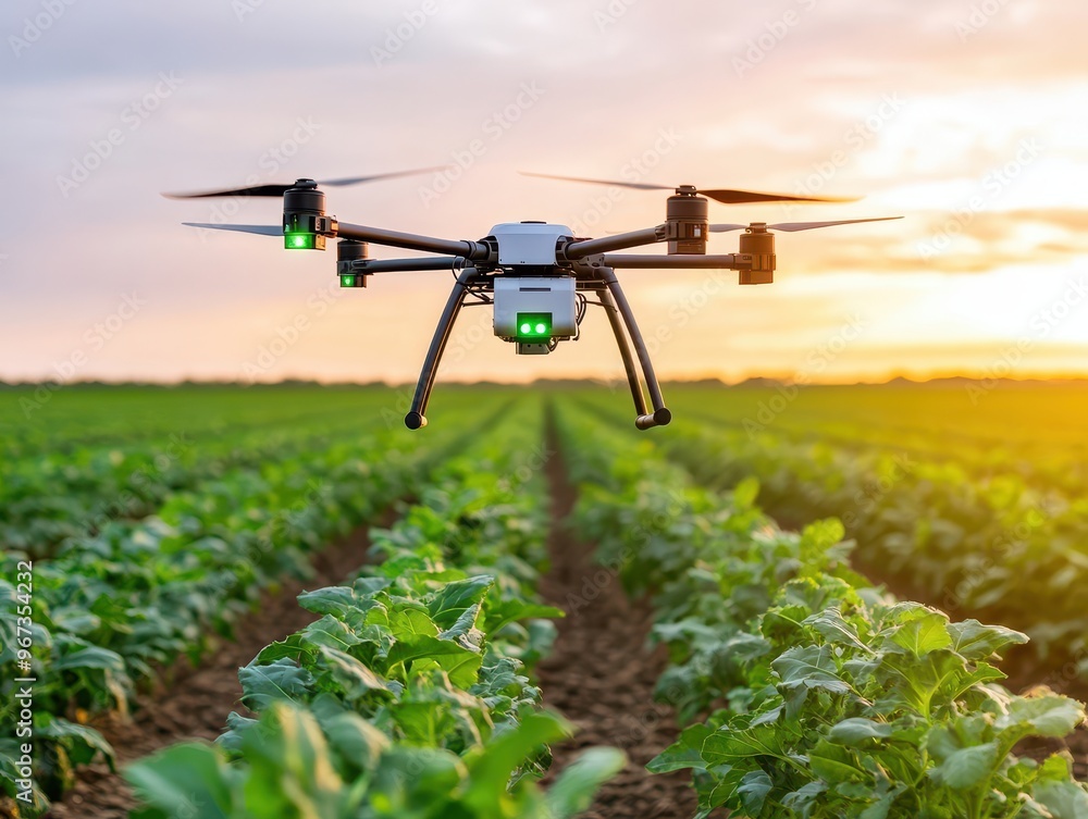A drone flies over a lush green field during sunset, showcasing modern agricultural technology in action. A drone flies over a lush green field during sunset, showcasing modern agricultural technology in action.