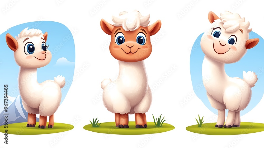 A charming set of cartoon alpacas in playful and quirky poses, great for South American and mountain-themed illustrations. A charming set of cartoon alpacas in playful and quirky poses, great for South American and mountain-themed illustrations.