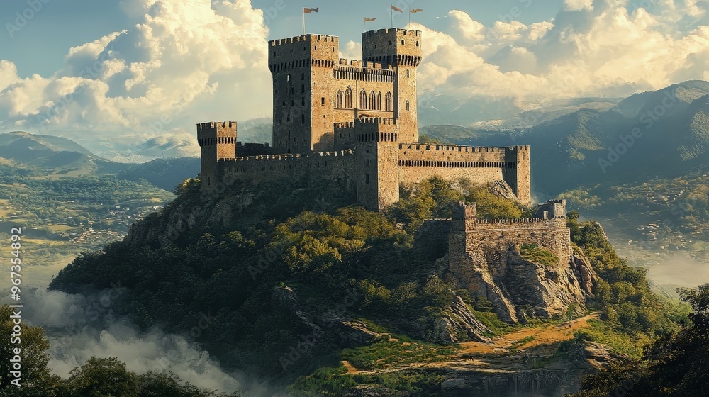 Imagine a historic castle perched on a hill, surrounded by lush landscapes. The architecture includes medieval towers Imagine a historic castle perched on a hill, surrounded by lush landscapes. The architecture includes medieval towers