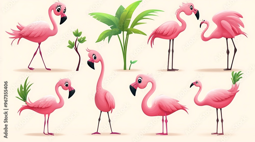 Obraz premium A cheerful set of cartoon flamingos in elegant standing and flying poses, perfect for tropical and summer-themed designs. 