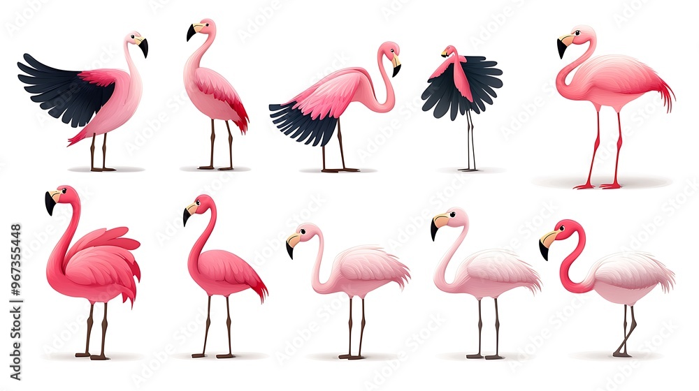Fototapeta premium A cheerful set of cartoon flamingos in elegant standing and flying poses, perfect for tropical and summer-themed designs. 