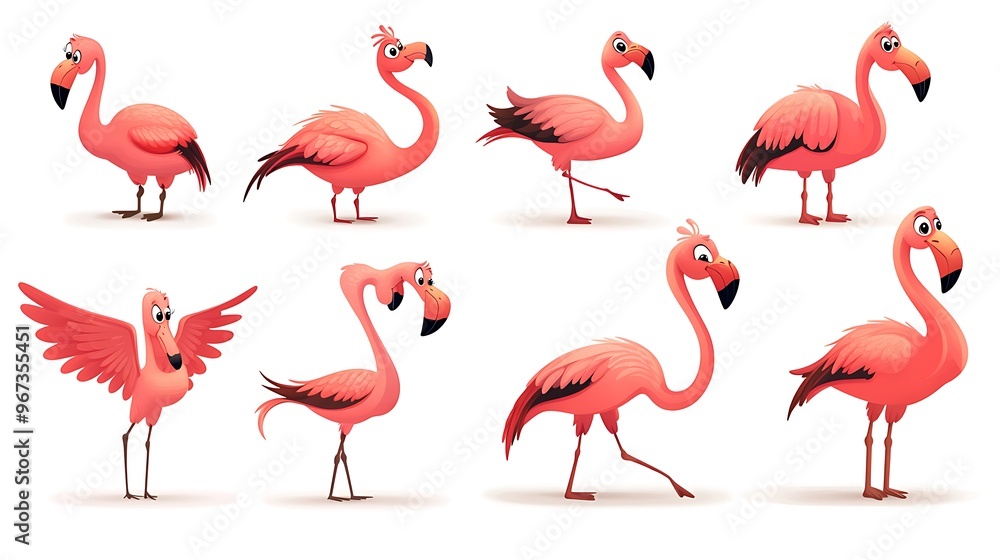 Fototapeta premium A cheerful set of cartoon flamingos in elegant standing and flying poses, perfect for tropical and summer-themed designs. 