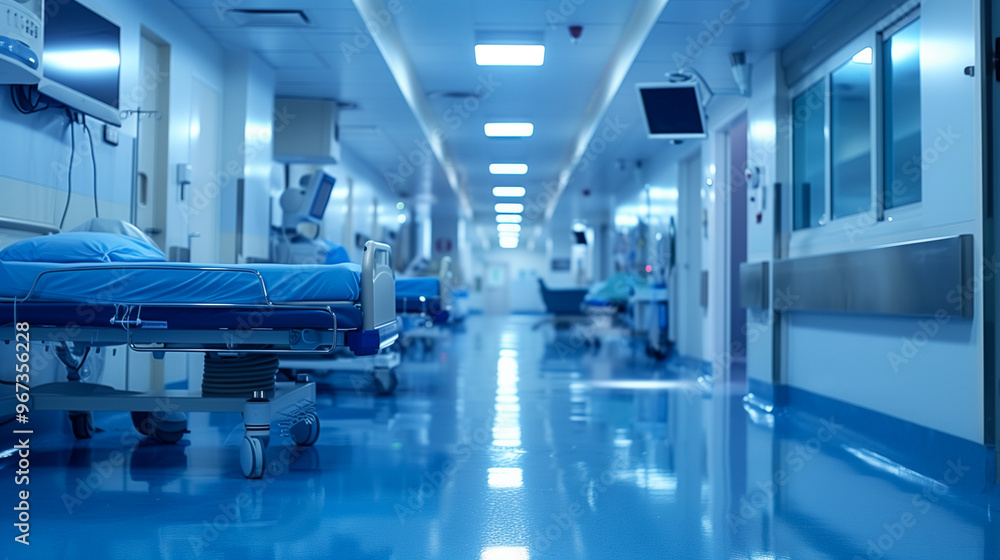 Obraz premium Empty hospital corridor with medical equipment and beds in a clean sterile environment