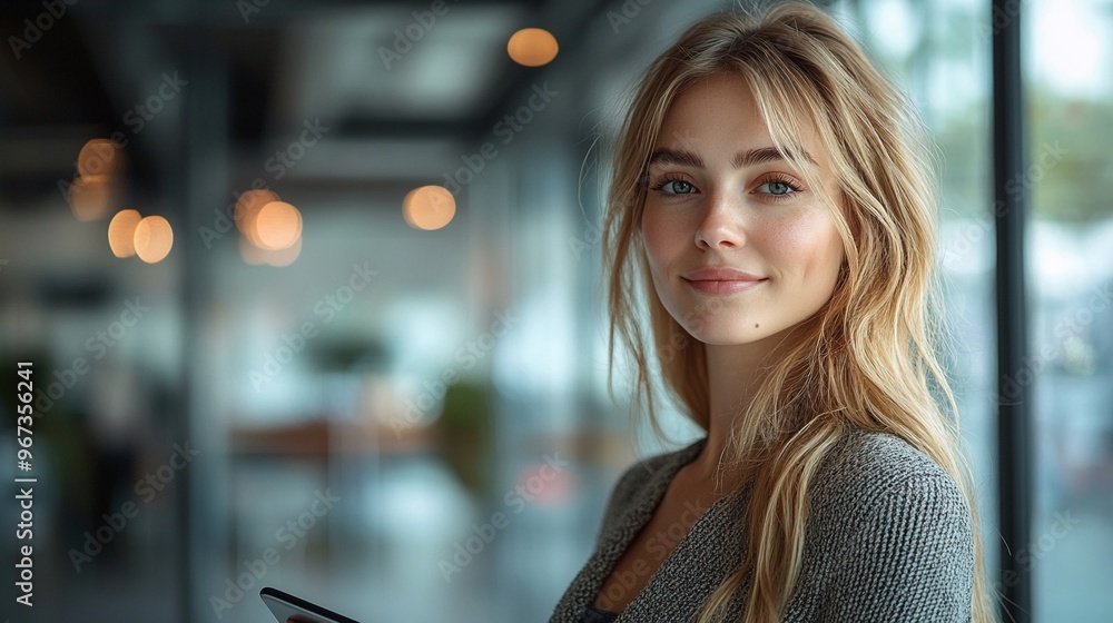 Young Woman Smiling Indoors with Bright Lighting and Warm Atmosphere Near Window Young Woman Smiling Indoors with Bright Lighting and Warm Atmosphere Near Window