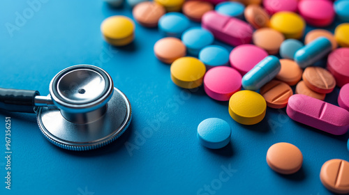 Stethoscope and colorful pills on blue background symbolizing healthcare and medicine