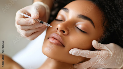 A beautiful Black woman, eyes closed, receives a Botox treatment in a beauty salon. Gloved hands hold a syringe.