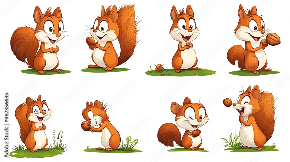 Obraz premium A collection of sweet cartoon squirrels in playful nut-gathering poses, ideal for woodland and nature illustrations. 