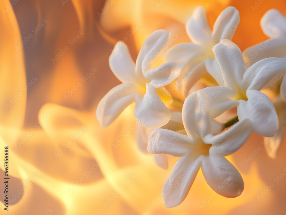 Obraz premium Delicate White Jasmine Flowers in Sharp Focus Against Vibrant Orange and Yellow Flames - Captivating Contrast of Soft Petals and Dynamic Fire Movement for Emotive and Dramatic Visual Impact