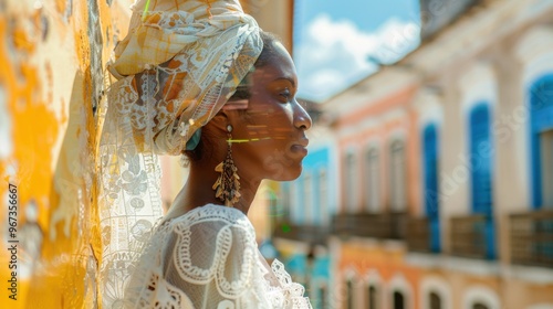 A double exposure of a traditional Baiana woman in a white lace dress and headscarf, overlaid by the colorful colonial streets of Pelourinho in Salvador, reflecting the rich history and culture of Bah