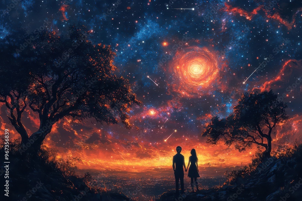 romantic silhouettes of couple on hilltop gazing at vibrant night sky filled with swirling galaxies shooting stars and a large luminous moon creating an atmosphere of awe and connection romantic silhouettes of couple on hilltop gazing at vibrant night sky filled with swirling galaxies shooting stars and a large luminous moon creating an atmosphere of awe and connection