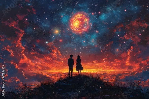 romantic silhouettes of couple on hilltop gazing at vibrant night sky filled with swirling galaxies shooting stars and a large luminous moon creating an atmosphere of awe and connection