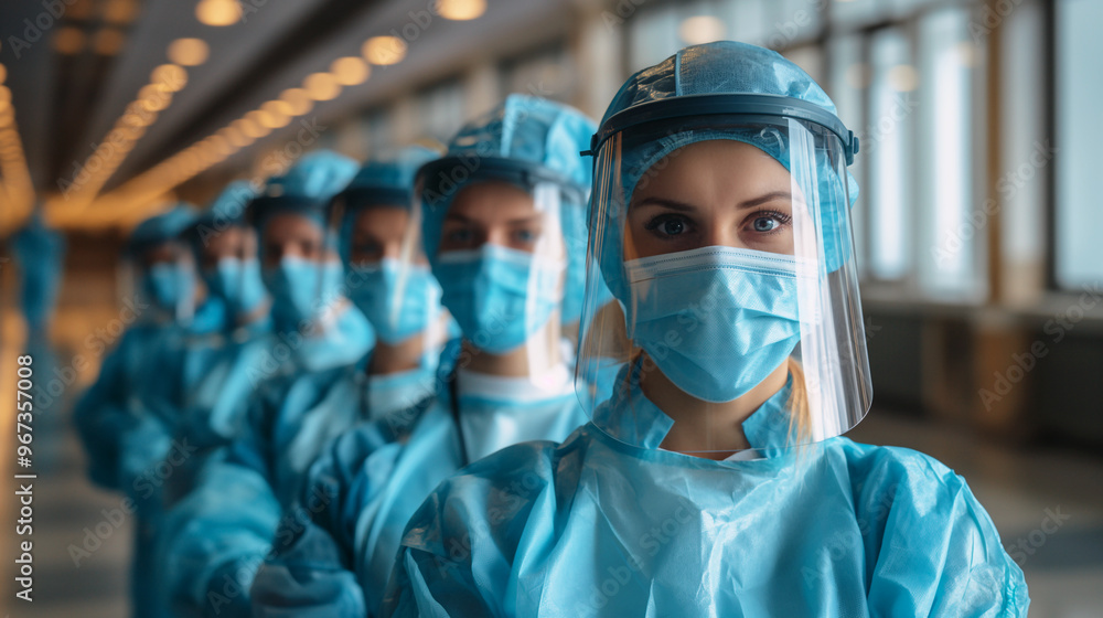 Medical team in full protective gear and face shields standing in a hospital hallway Medical team in full protective gear and face shields standing in a hospital hallway