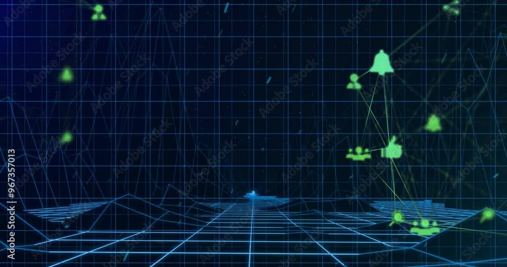 Animation of network of connections with social media icons over mountains on black background Animation of network of connections with social media icons over mountains on black background