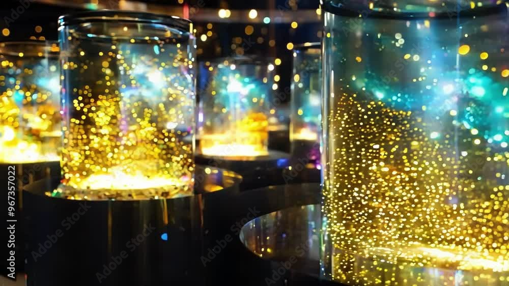 Holographic projection of distant galaxies displayed under glass bell jars, creating an immersive experience for museum visitors Holographic projection of distant galaxies displayed under glass bell jars, creating an immersive experience for museum visitors