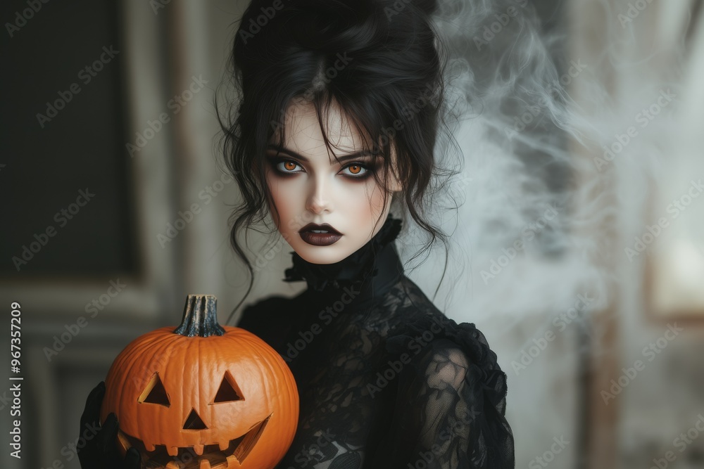 Goth inspired female, girl, woman, holding a carved pumpkin, fashion and make-up shoot Portrait. Gothic, Goth, Victorian, Dark style fashion. Dark smokey make-up, red lipstick. Dramatic. Elegant.
Goth inspired female, girl, woman, holding a carved pumpkin, fashion and make-up shoot Portrait. Gothic, Goth, Victorian, Dark style fashion. Dark smokey make-up, red lipstick. Dramatic. Elegant.