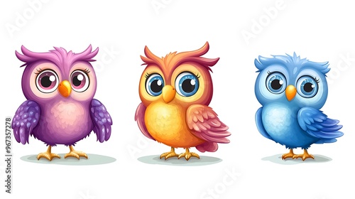 A colorful collection of cartoon owls in various poses, great for whimsical and nighttime-themed design projects. 