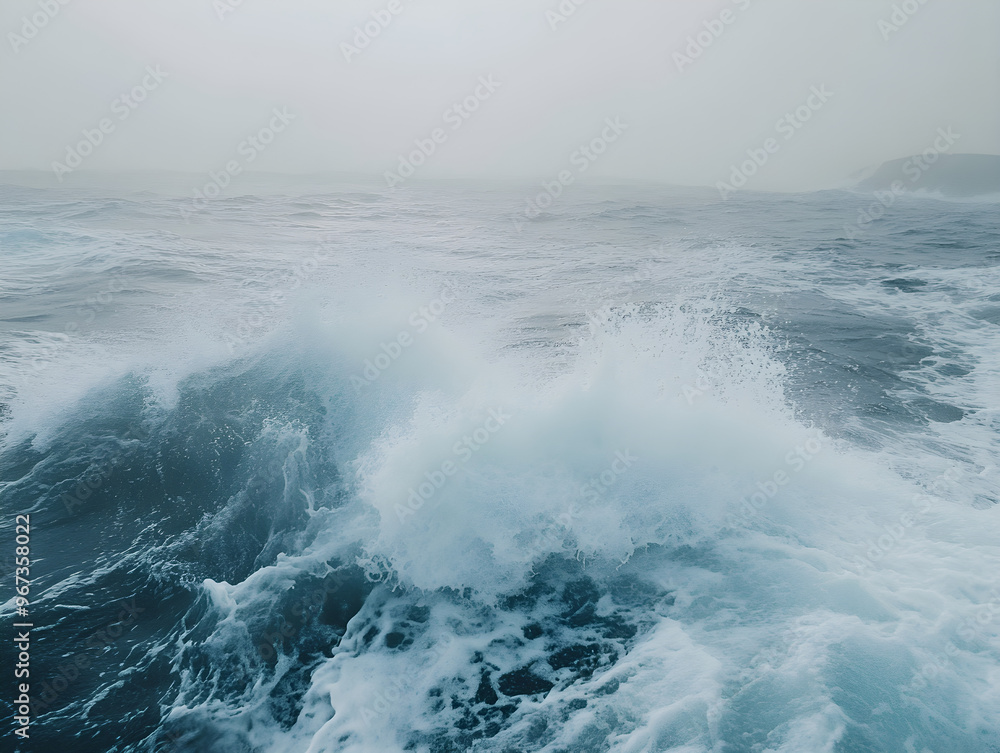 Stunning Dramatic Seascape with Turbulent Waves and Deep Blue Ocean, Ethereal Misty Atmosphere, Foamy Whitecaps Crashing Against Dark Waters, Hazy Horizon Blending Sky and Sea in Powerful Nature Scene Stunning Dramatic Seascape with Turbulent Waves and Deep Blue Ocean, Ethereal Misty Atmosphere, Foamy Whitecaps Crashing Against Dark Waters, Hazy Horizon Blending Sky and Sea in Powerful Nature Scene