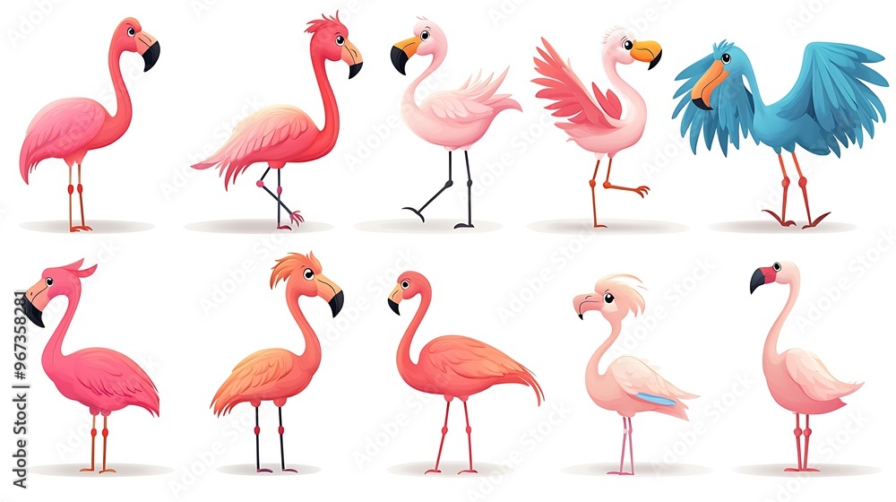 Obraz premium A colorful set of cartoon flamingos in elegant standing and flying poses, ideal for tropical and summer-themed illustrations. 