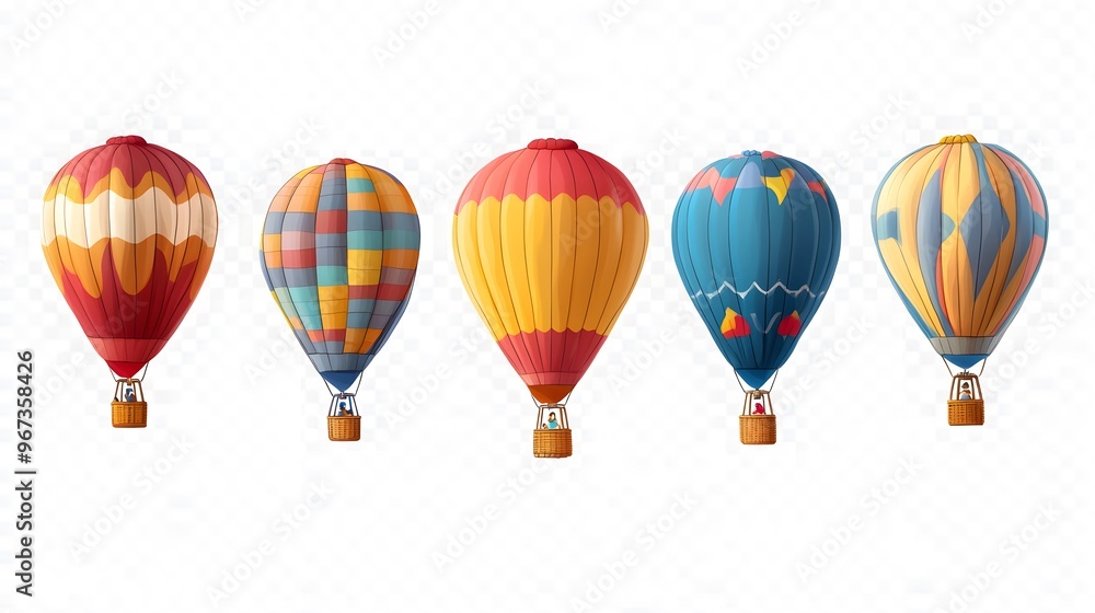 Fototapeta premium set of hot air balloons flying with colorful cartoon look for kids and tourism trip freedom flight, isolated on transparent png cutout background 