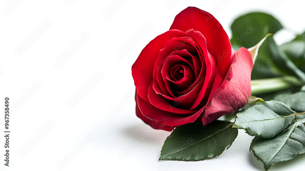 Naklejka premium beautiful red rose on a white background , Red dropped rose, isolated on white background , beautifull red rose and green leave 