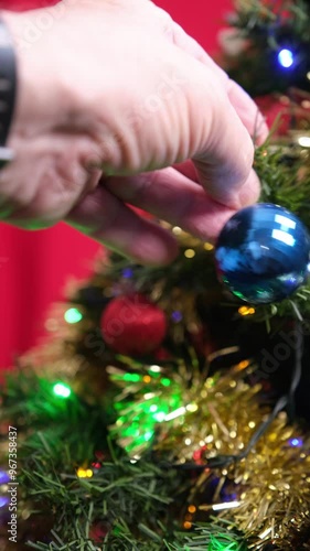 Wallpaper Mural Video verticale, uomo mette una pallina sul ramo dell'albero di Natale,  Torontodigital.ca