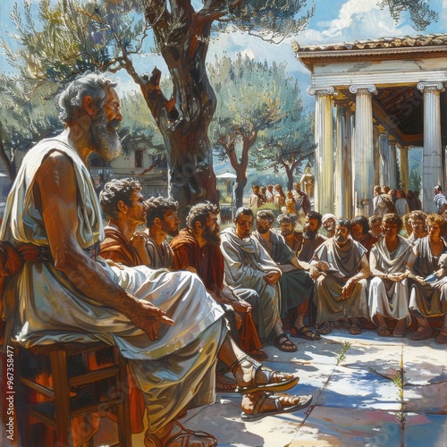 Illustration of Plato lecturing at his Academy in ancient Athens, surrounded by engaged students.