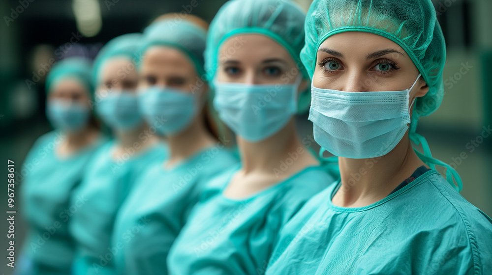 Medical team of female healthcare workers in protective masks and scrubs lined up in a hospital Medical team of female healthcare workers in protective masks and scrubs lined up in a hospital