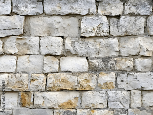 Close-Up of Textured Stone Wall Featuring Rugged Irregular Blocks in Shades of Light Gray, Cream, and Yellowish-Brown, Showcasing Weathered Surfaces and Natural Quality for Architectural and Design