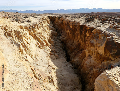 Breathtaking Geological Formation: Dramatic Deep Narrow Trench in Arid Desert Terrain Showcasing Stratified Sedimentary Rock Layers, Erosion Effects on Rugged Walls, and Earthy Tones of Brown, Tan