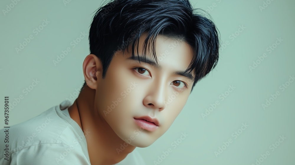 A young man gazing thoughtfully with a serene expression, set against a soft, muted background in a subtle portrait style A young man gazing thoughtfully with a serene expression, set against a soft, muted background in a subtle portrait style