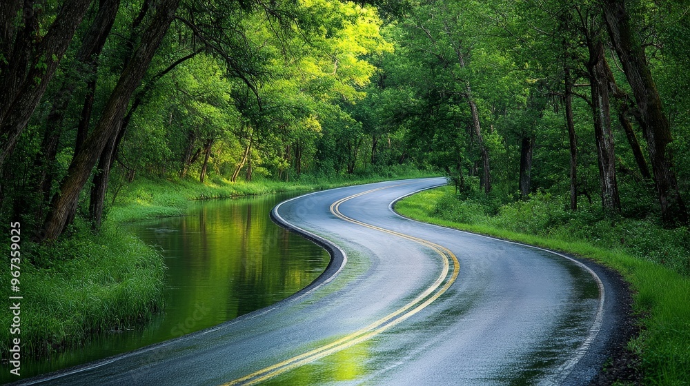 Imagine a scenic road that follows a river's meandering path, with the water reflecting the lush greenery of the surrounding landscape. Imagine a scenic road that follows a river's meandering path, with the water reflecting the lush greenery of the surrounding landscape.
