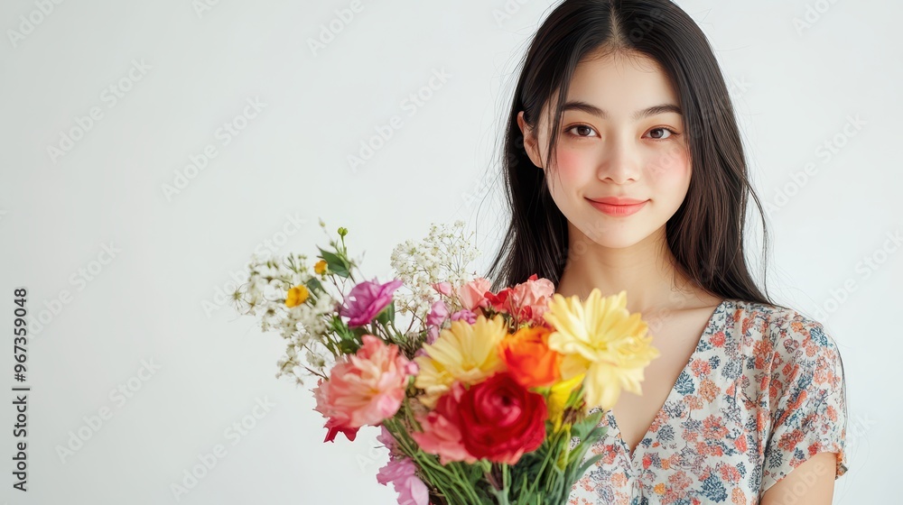 Asian woman in a patterned camisole, holding a bouquet of flowers, pure white background, romantic and cheerful feel Asian woman in a patterned camisole, holding a bouquet of flowers, pure white background, romantic and cheerful feel