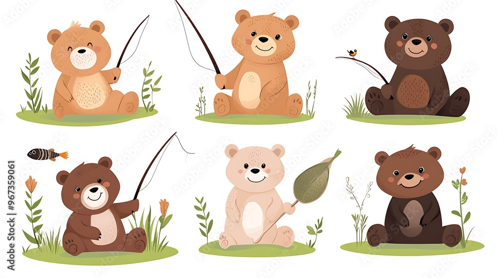 Fototapeta premium A colorful variety of cartoon bears in playful fishing and lounging poses, ideal for forest and wilderness-themed illustrations. 