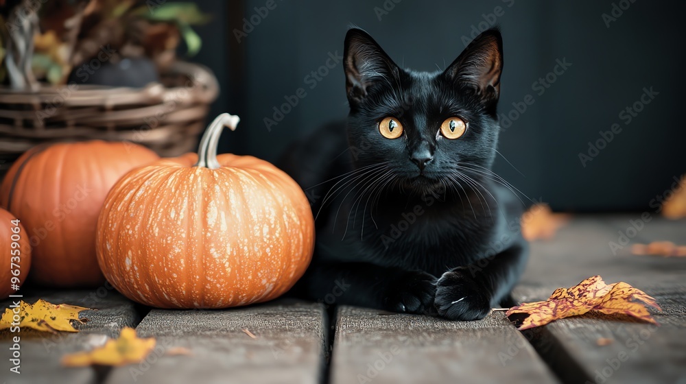 Black Cat with Pumpkins and Autumn Leaves Black Cat with Pumpkins and Autumn Leaves