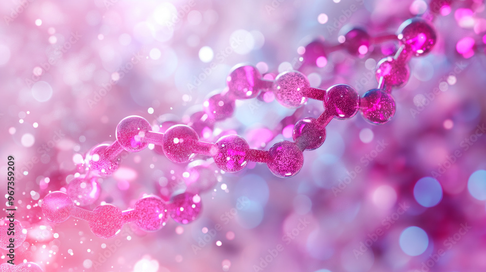 Abstract close-up of a pink DNA strand with glowing particles in a bokeh background Abstract close-up of a pink DNA strand with glowing particles in a bokeh background