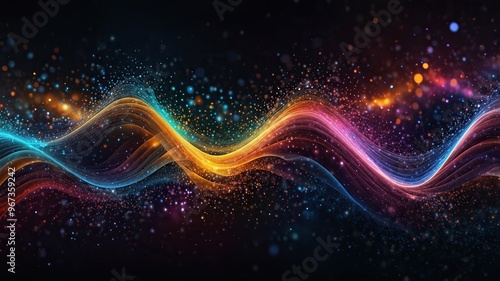 Digital particles of wave, light and energy, multi colored abstract. Ideal for desktop background or wallpaper.